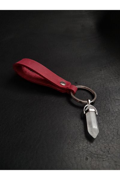 BSN Store سلسلة مفاتيح من الجلد الطبيعي باللون الأحمر مع حجر الكوارتز الطبيعي
