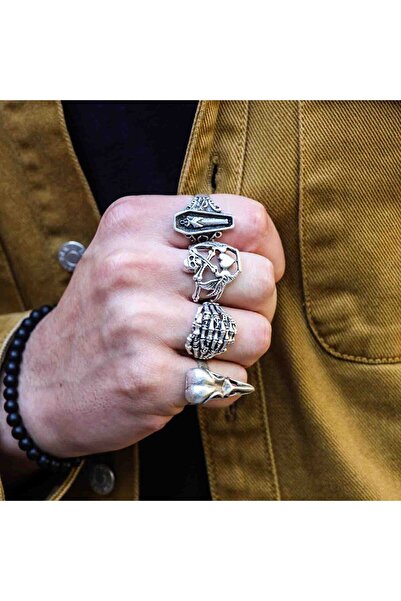 Atolyezone 4 Adet 925 Ayar Gümüş Kaplama Death Ayarlanabililir Yüzük Seti