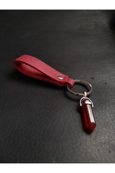 BSN Store سلسلة مفاتيح من الجلد الطبيعي باللون الأحمر مع حجر العقيق الطبيعي