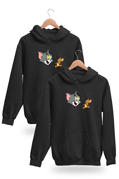 LELVANİ Tom And Jerry Printed Black Lover Combination Hooded Sweatshirt