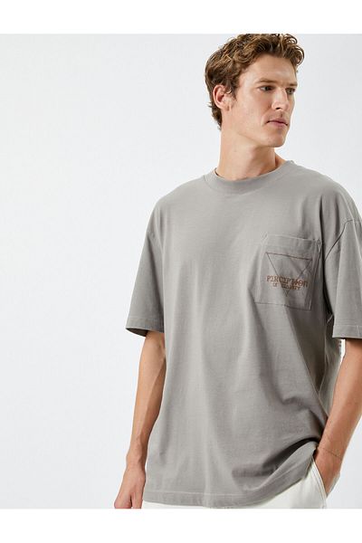 Koton Oversize T-Shirt Back Printed Pocket Detail Embroidered Crew Neck