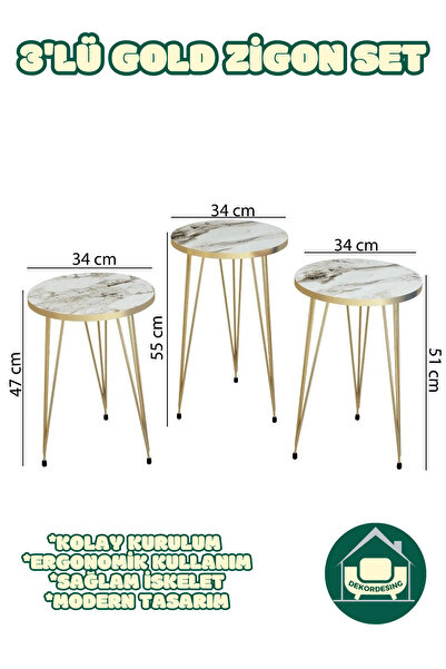 DEKOR MOBİLYACIM Berlin Zigon Sehpa Gold Tel Ayak Lüks & Modern Tasarım