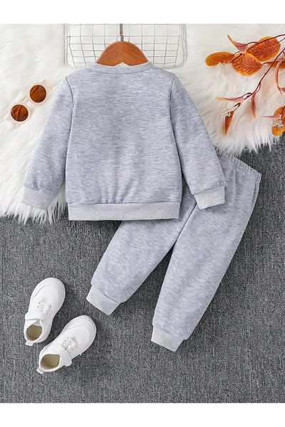 DUBU BUTİK Zip Bear Printed Cotton Kids Crew Neck Set - Gray Jogger Printed Girls Boys