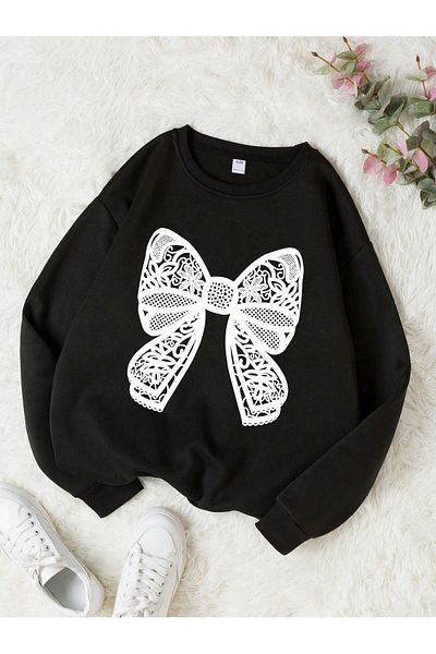 DUBU BUTİK Lace Ribbons Printed Cotton Kids Sweatshirt - Black Printed Girls Boys Winter Crew Neck