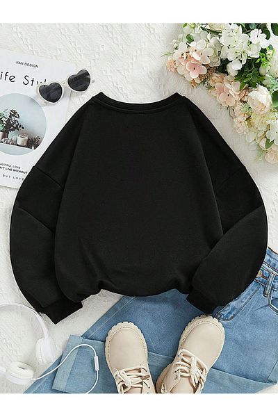 DUBU BUTİK Colorful Bow Printed Cotton Kids Sweatshirt - Black Printed Girls Boys Winter Crew Neck