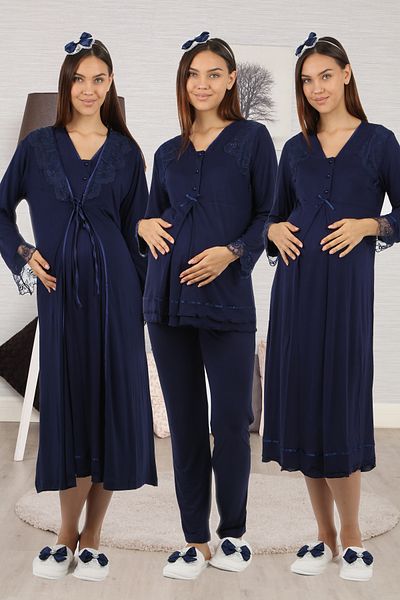 lohusahamile Navy Blue Lace Detailed 4-Piece Maternity Set