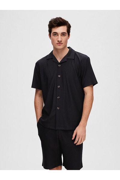 Selected Homme Kurzarmhemd Geripptes cuban collar