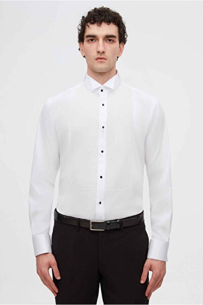 D'S Damat DS Groom Slim Fit bela pamučna satenska košulja sa dvostrukim manže...