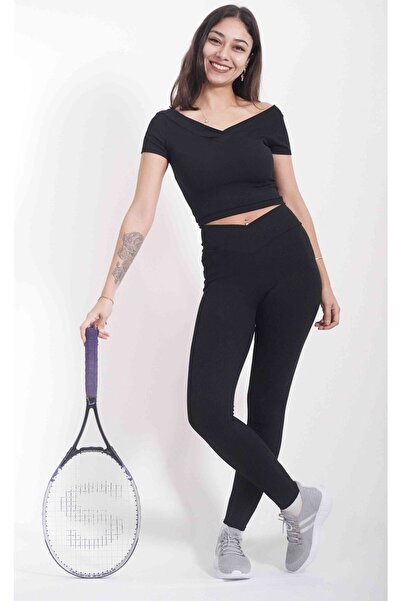 mezozoik Siyah Yüksek Bel Çapraz Kemer Kaşkorse Yan Dikişsiz Fitilli Spor Tayt
