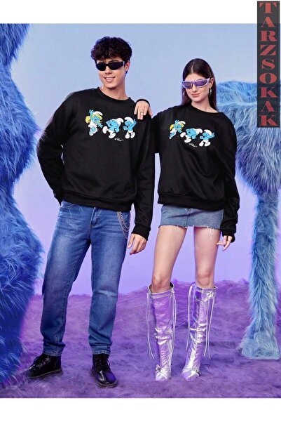 Tarzsokak Siyah Şirinler Baskılı Bisiklet Yaka Çift Kombini Oversize Sweatshirt