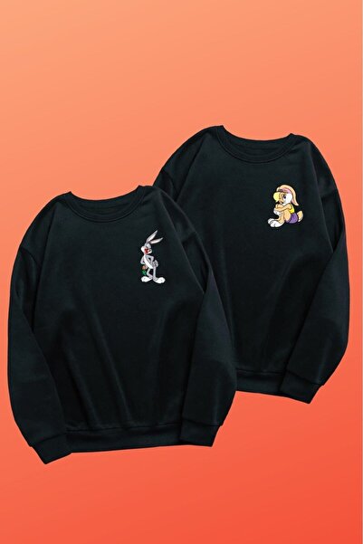 Tarzsokak Siyah Bugs Bunny Sevgili Çift Kombini Bisiklet Yaka Sweatshirt 2'li...