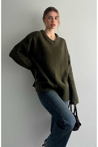 yeditepe fashion V-Neck Oversize Knitwear Sweater