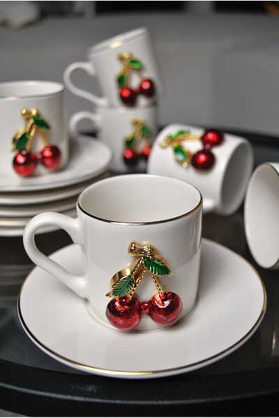 Qualitev Fenomen Gold Gilded Cherry 4-Piece 2-Person Porcelain Coffee Cup Set - Cherry Embroidered