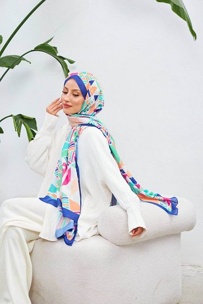 İpekhan Geo Ethnic Μαλακό Σάλι Navy Blue Water Green 3039-14