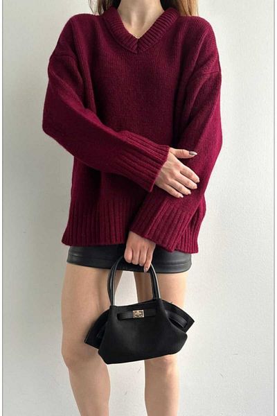 yeditepe fashion سترة تريكو كبيرة الحجم برقبة على شكل حرف V