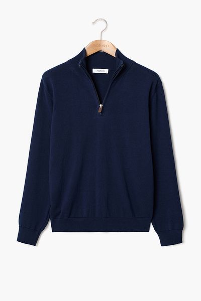 hateko Navy Blue 100% Cotton Half Zipper Stand Collar Knitwear Sweater