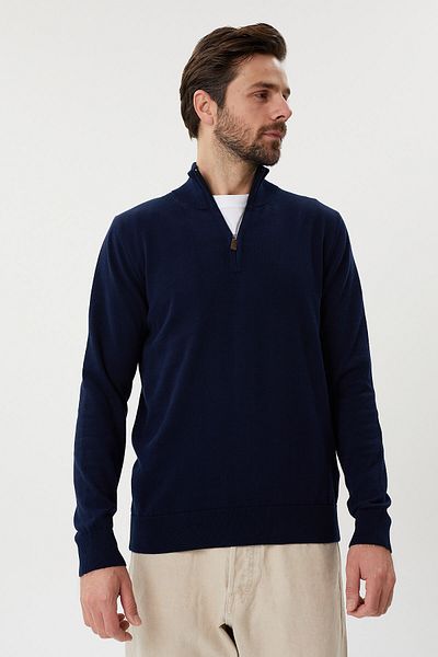 hateko Navy Blue 100% Cotton Half Zipper Stand Collar Knitwear Sweater