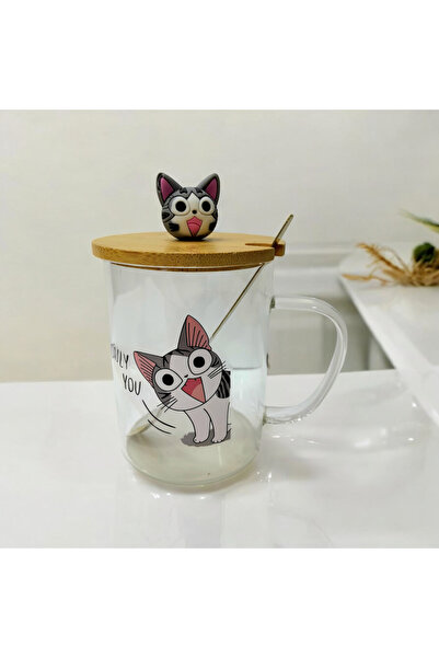 ÇİLEKHOMEAVM KEDİ  metal kaşıklı bambu kapaklı cam kupa -kapaklı cam bardak