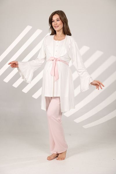 Lohussa Women's Pink Flounce Special Design Short Sleeve 100% Cotton Maternity Dressing Gown Sleepwear Set