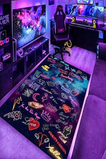 Alpacarpet Kaymaz Taban Makinede Yıkanabilir Gaming Oyuncu Neon Yazılı Gamer ...