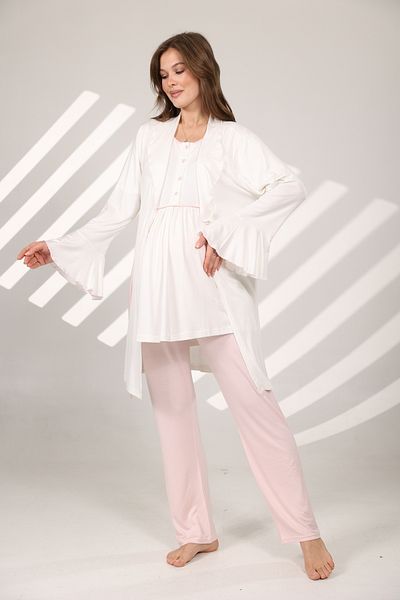 Lohussa Women's Pink Flounce Special Design Short Sleeve 100% Cotton Maternity Dressing Gown Sleepwear Set