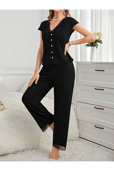 BLACK Set de pijamale pentru femei cu mâneci scurte și pantaloni cu margini din dantelă