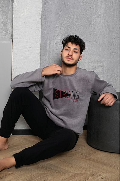 Farya Home Luxury Soft Fleece Print Detailed Cuffed Leg Men's Pajamas Set
