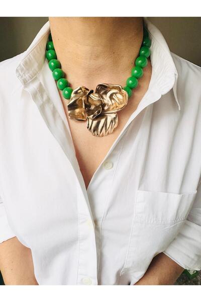 DEVİ fashion Choker Gül Detay Yeşil Kolye