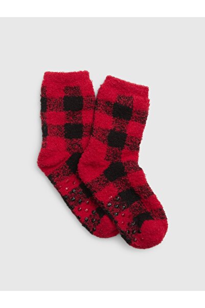 GAP Erkek Çocuk Kırmızı Geri Dönüştürülmüş Ekose Desenli Fuzzy Çorap
