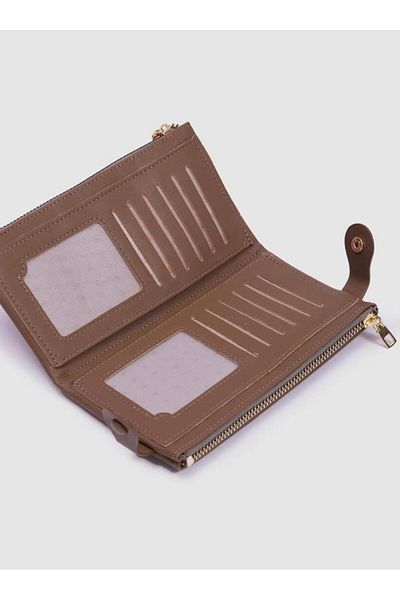 LEXA Brown Women's Wallet with Double Zipper and Snap Fastener