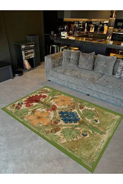 Rugs Modern Halı Güneş Koleksiyonu Yeşil Çerçeve Detaylı Çok Renkli Çiçek Des...