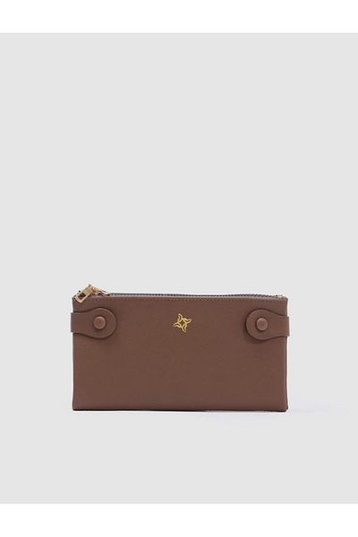 LEXA Brown Women's Wallet with Double Zipper and Snap Fastener