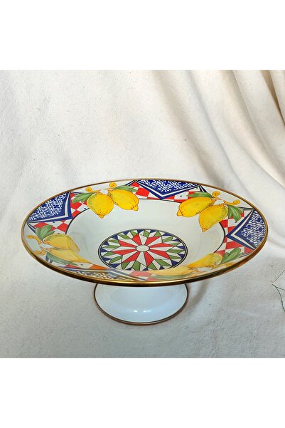 EBRULİEMAYE Çini Limon Dekoratif Ayakli Emaye Meyvelik Salata Kasesi 30 cm çap Büyük Boyi