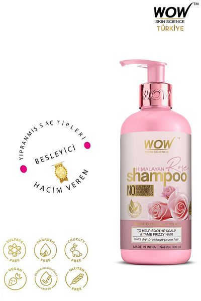 WOW Skin Science Rose Shampoo - 93.4% Natural Content, Almond and Argan Oil 300ml