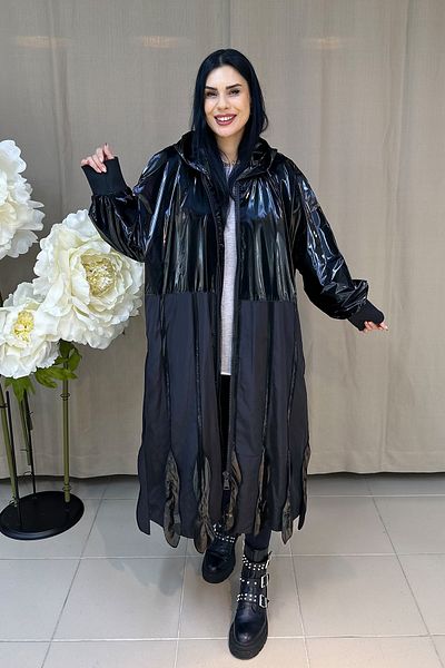 GÖKSEL -20 Protection Large Size Leather Detailed Long Coat - Black