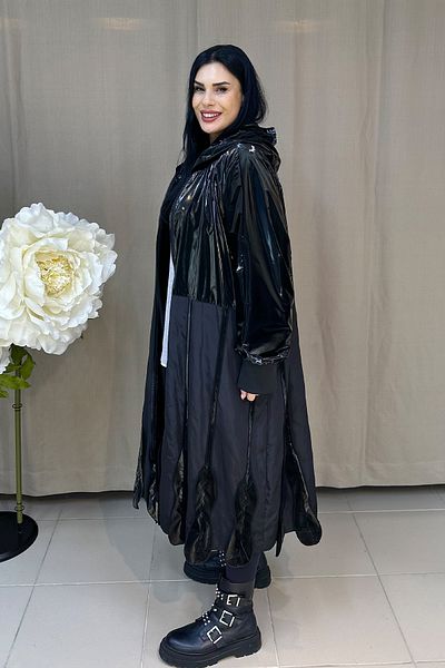 GÖKSEL -20 Protection Large Size Leather Detailed Long Coat - Black