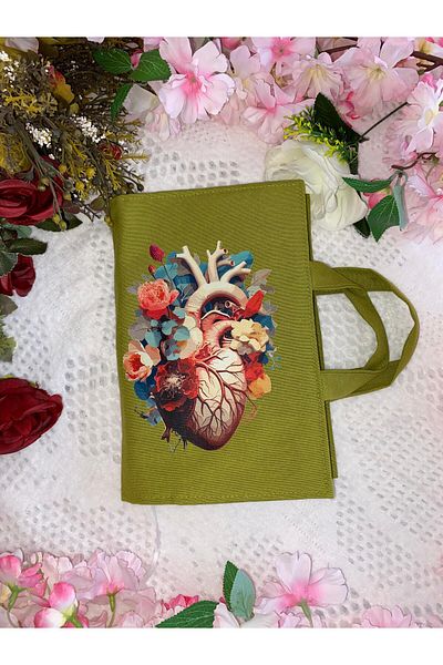 ötay Oil Green Heart Patterned 3 Compartment Portable Minimal Book Bag