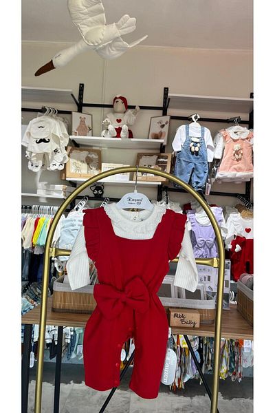 MBK GARDEN Baby Girl Bandana Ruffled Red Holiday Jumpsuit Set