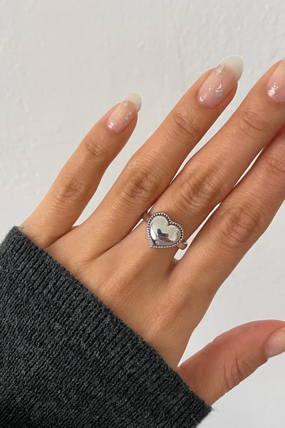 Lavian Accessories Gümüş Bombeli Kalp Vintage Ayarlanabilir Yüzük