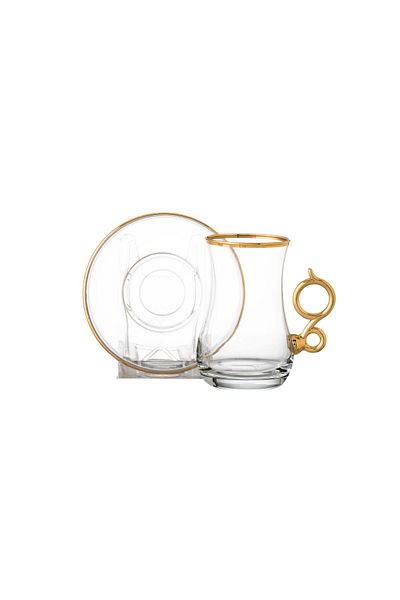 Byblos Turkish clear glass tea set with golden metal handle