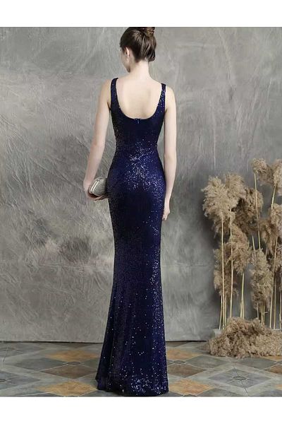 MODAS V-Neck Zero Sleeve Pul Payet Evening Dress