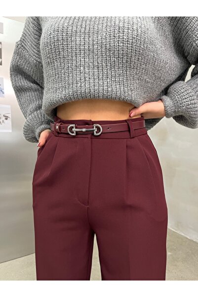 TİSHOOSTORE Kemerli Yüksek Bel Burgonya Bordo Kumaş Palazzo Pantolon