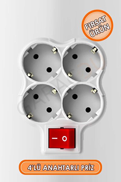 garaccu 4'lü Kaliteli Topraklı Fişli Anahtarlı Golyat Priz Çoğaltıcı 1 Adet, Anahtarlı Dörtlü Piriz