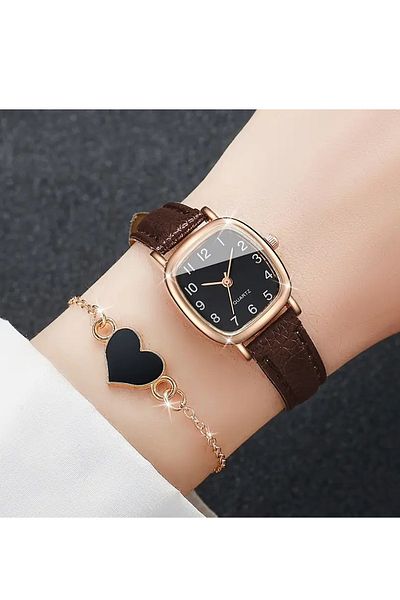 QUARTZ Retro Minimal Vintage Leather Cord Square Frame Women's Wrist Watch Brown