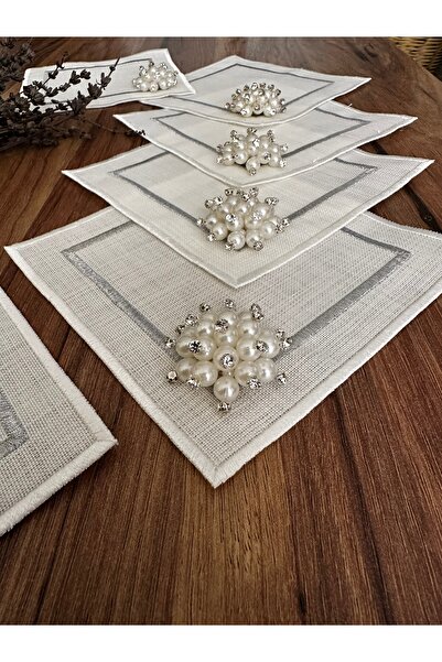 NURHAN HOME COLLECTION 6 τμχ Πετσέτα παρουσίασης κοκτέιλ με κέντημα σε ασημί και εκρού χρώματος