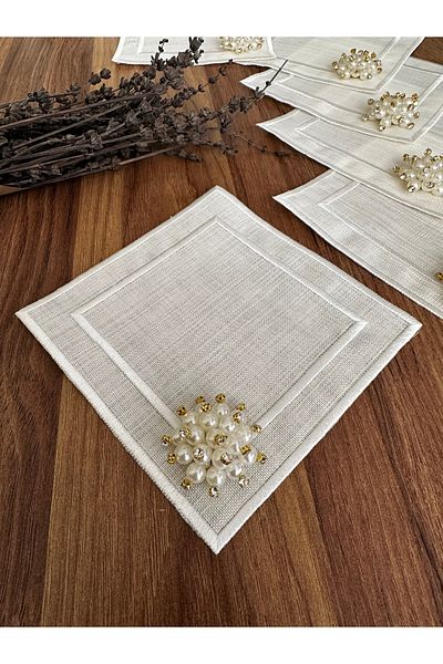 NURHAN HOME COLLECTION Square Cocktail Presentation Napkin with 6 Pearls Ecru Color Embroidery