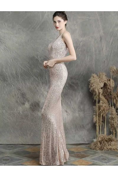 MODAS V-Neck Zero Sleeve Pul Payet Evening Dress