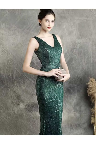 MODAS V-Neck Zero Sleeve Pul Payet Evening Dress