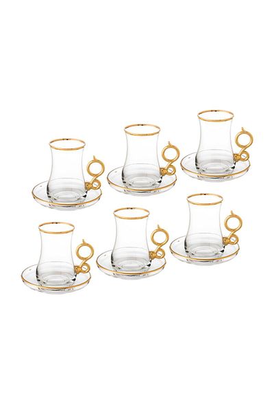 Byblos Turkish clear glass tea set with golden metal handle