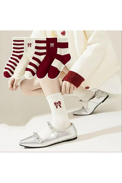 FUBA Aksesuar 5 Pairs Bow Striped Tennis Socks Burgundy White Socks